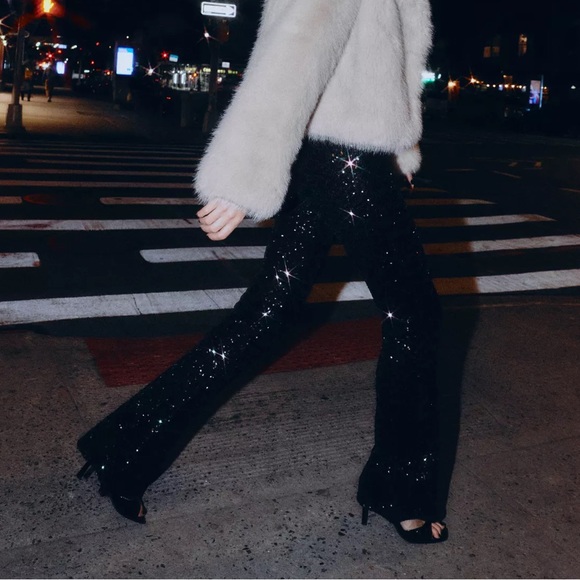 Zara Sequin Flare Pants / Leggings - Black - Picture 6 of 12